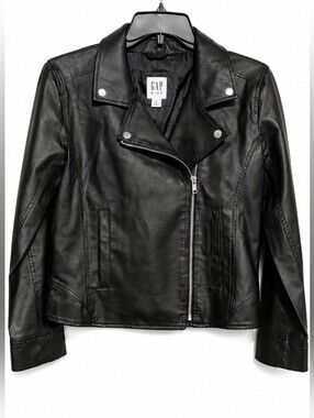 GAP Girls Sz XL Black Faux Leather Moto Jacket with Silver Hardware